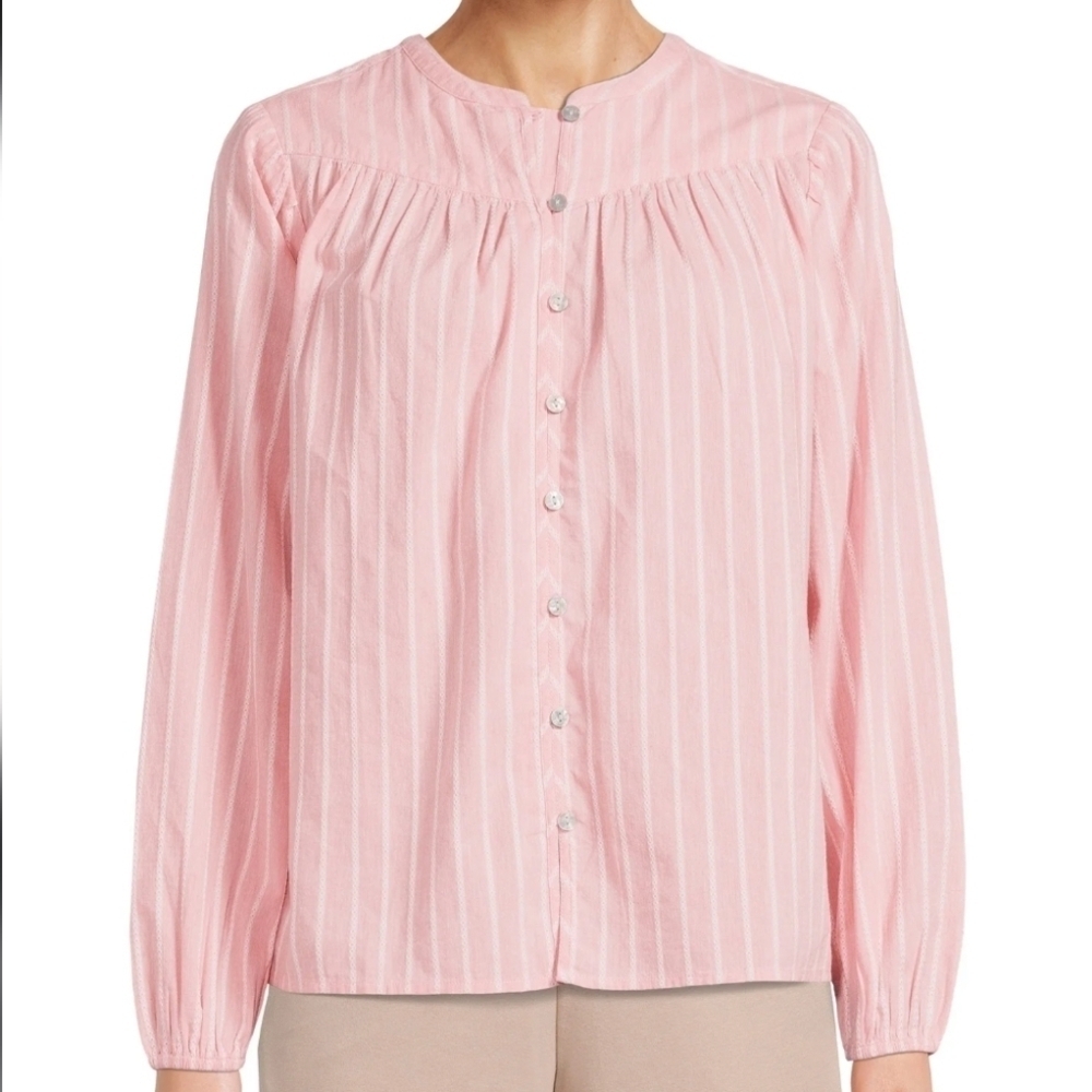 Time and Tru Pink White Stripe Women's Puff Long Sleeve Cotton Top XL (16-18)